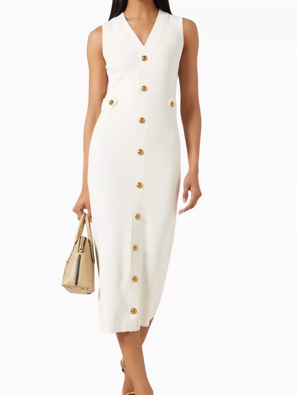 Michael Kors White Sleeveless Midi Dress with Gold Buttons